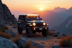 Véhicule 4x4 sur un sentier de montagne au lever du soleil