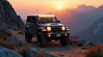 Véhicule 4x4 sur un sentier de montagne au lever du soleil