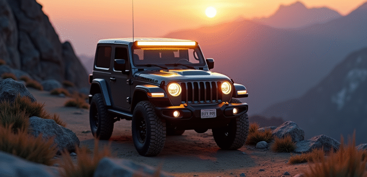 Véhicule 4x4 sur un sentier de montagne au lever du soleil