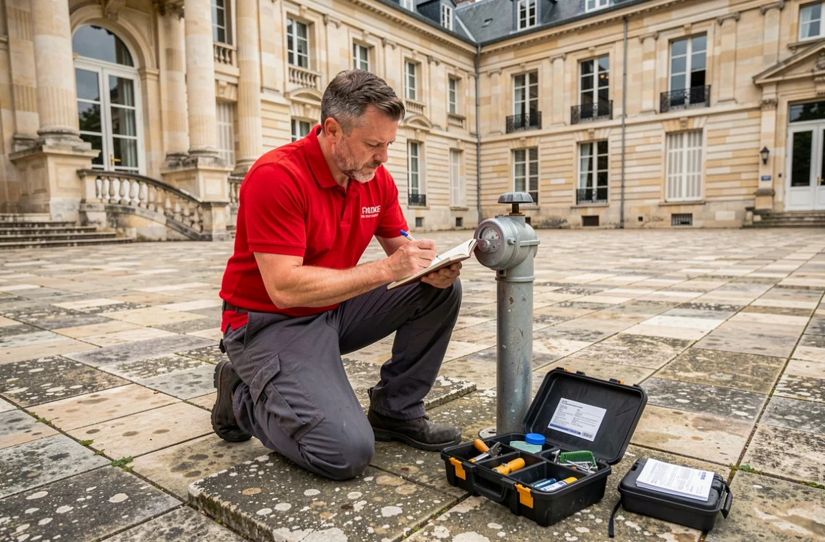 Artisan plombier A l'Eau Artisan P. M. M. relevant un compteur d'eau dans la cour d'une propriété versaillaise
