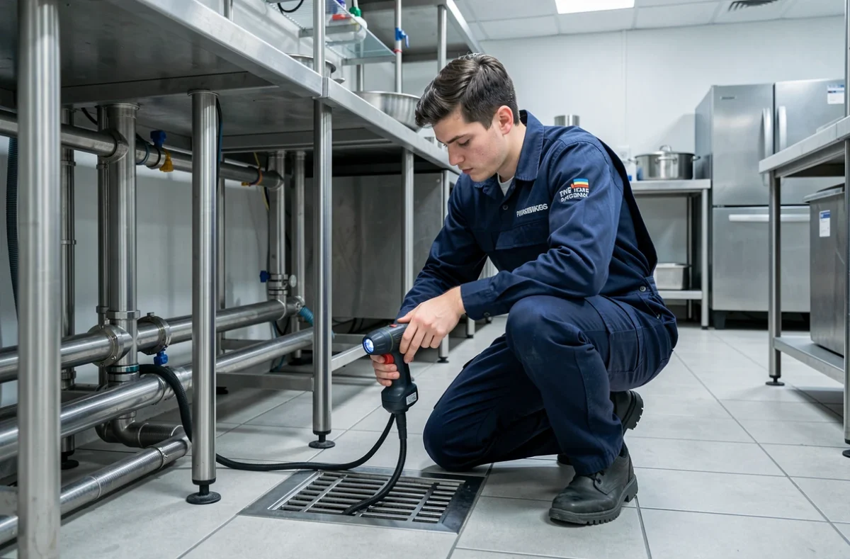 Plombier ABRP utilisant une caméra de diagnostic dans une cuisine professionnelle commerciale
