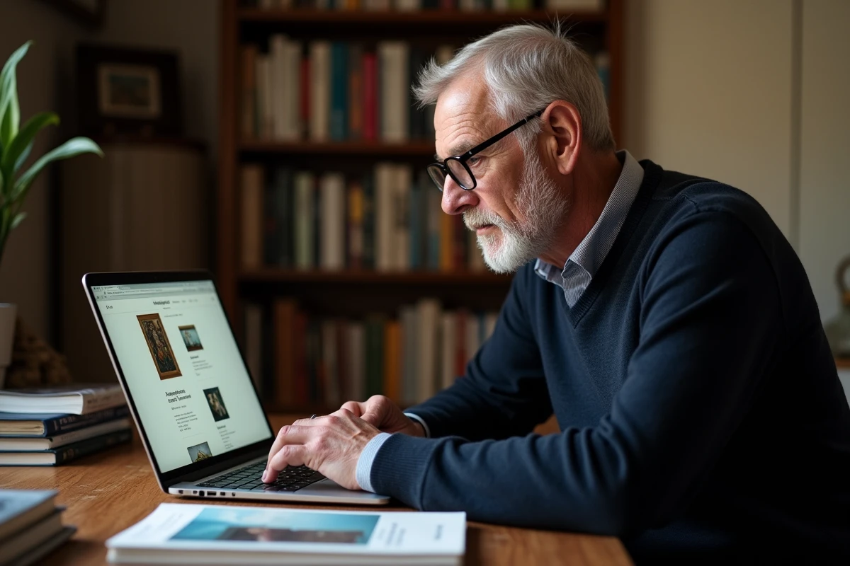 Homme achetant une œuvre de Jean Bille en ligne sur un site d'enchères d'art depuis son bureau à domicile