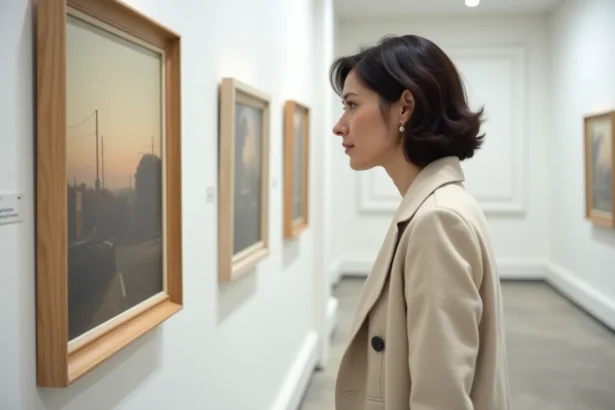Femme examinant une œuvre d'art dans une galerie d'art contemporaine pour acheter une peinture de Jean Bille en toute sécurité