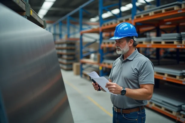 Acheteur industriel examinant une tôle en inox dans un entrepôt de distribution de métaux avec un pied à coulisse et une liste de prix