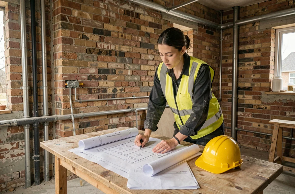 Professionnelle de la plomberie ADGM consultant des plans techniques sur un chantier de rénovation