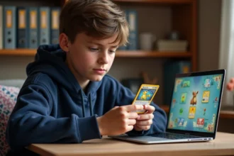 Adolescent examinant une carte Pokémon TCG Pocket à son bureau avec un ordinateur portable ouvert