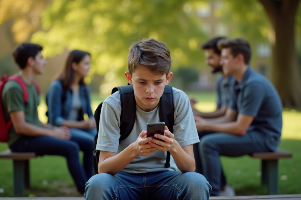 Adolescent seul sur un banc de parc avec ses amis