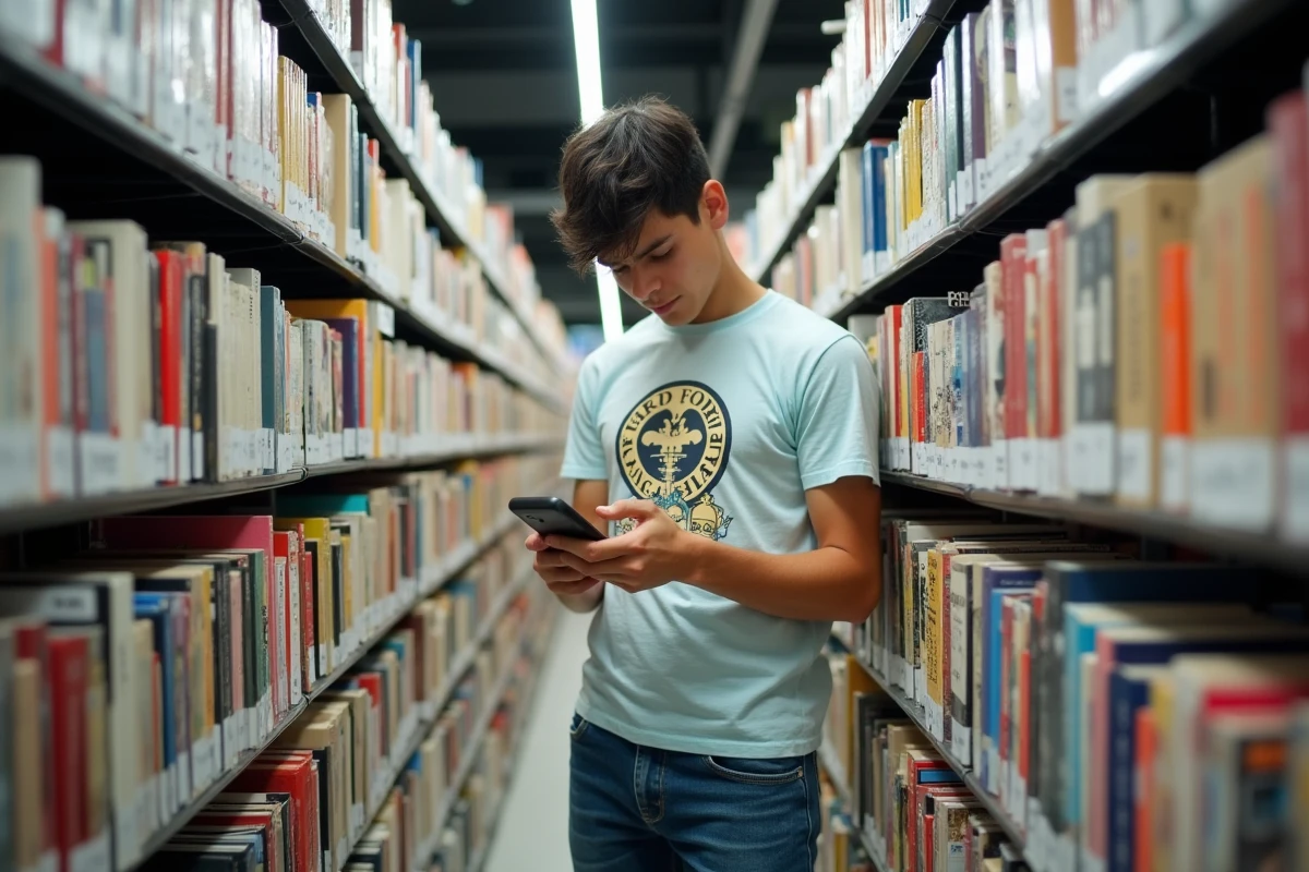 Adolescent comparant un manga physique avec un site de suivi de sorties manga sur smartphone en librairie