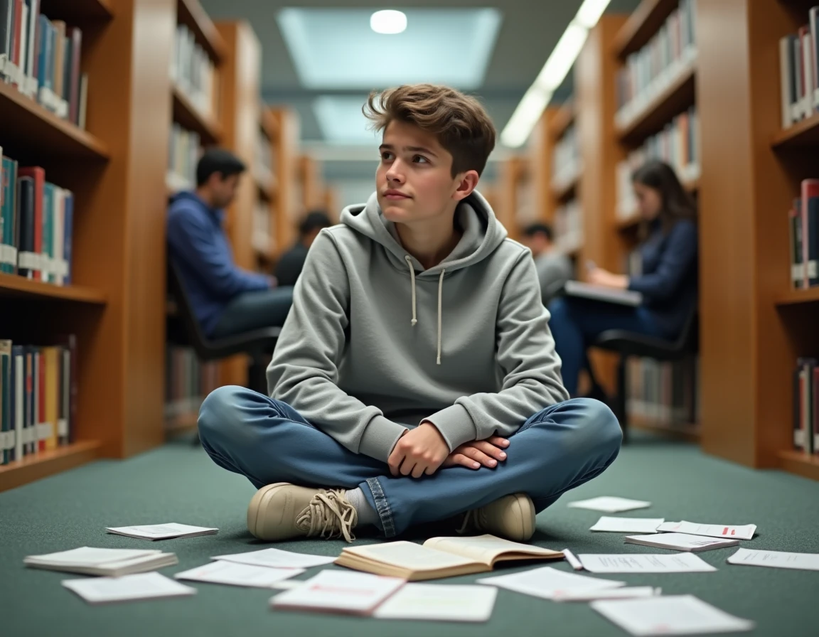 Adolescent révisant des flashcards de géographie sur les capitales en Y dans une bibliothèque publique