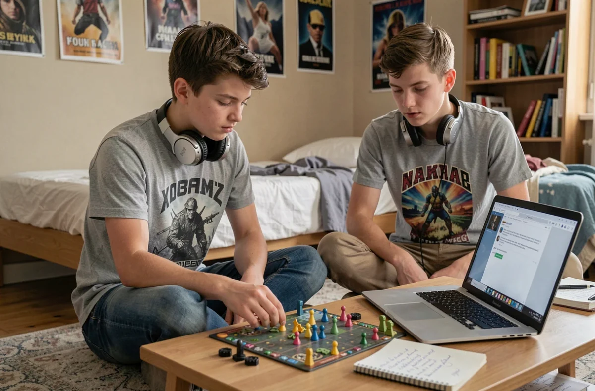 Adolescent apprenant à progresser rapidement à un jeu de stratégie grâce à des tutoriels en ligne