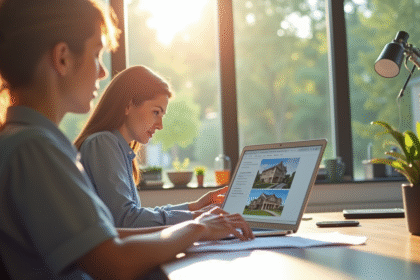 Agent immobilier comparant sites web sur un ordinateur portable lumineux