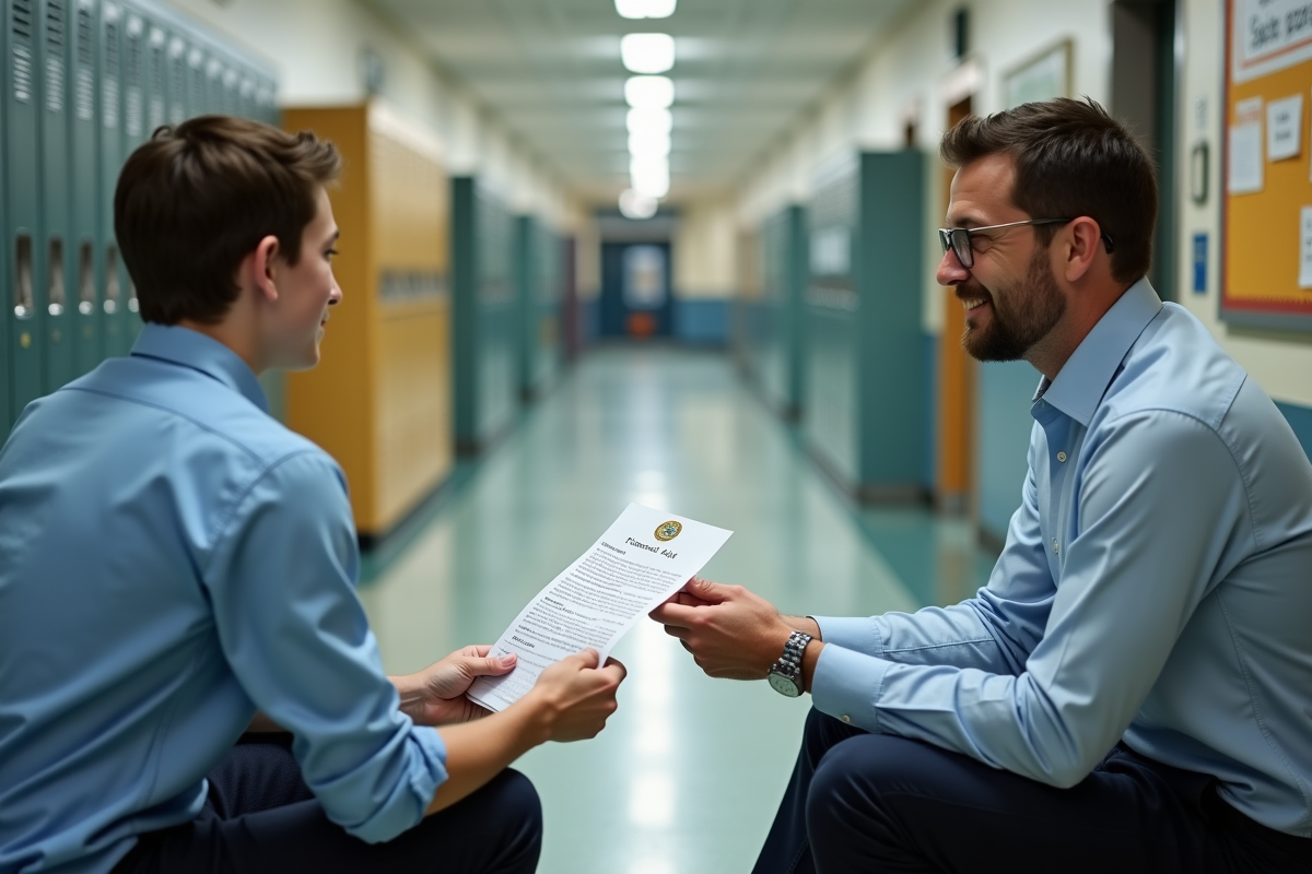 Adulte aidant un adolescent avec une brochure d