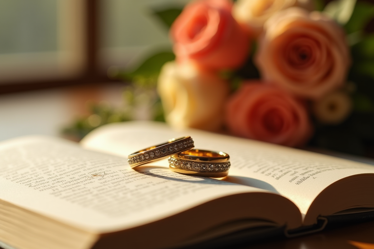 Alliances sur un livre avec fleurs en lumière douce