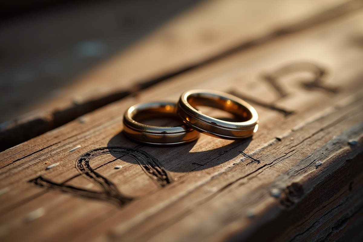 Alliances de mariage sur bois gravé de cœurs et dates
