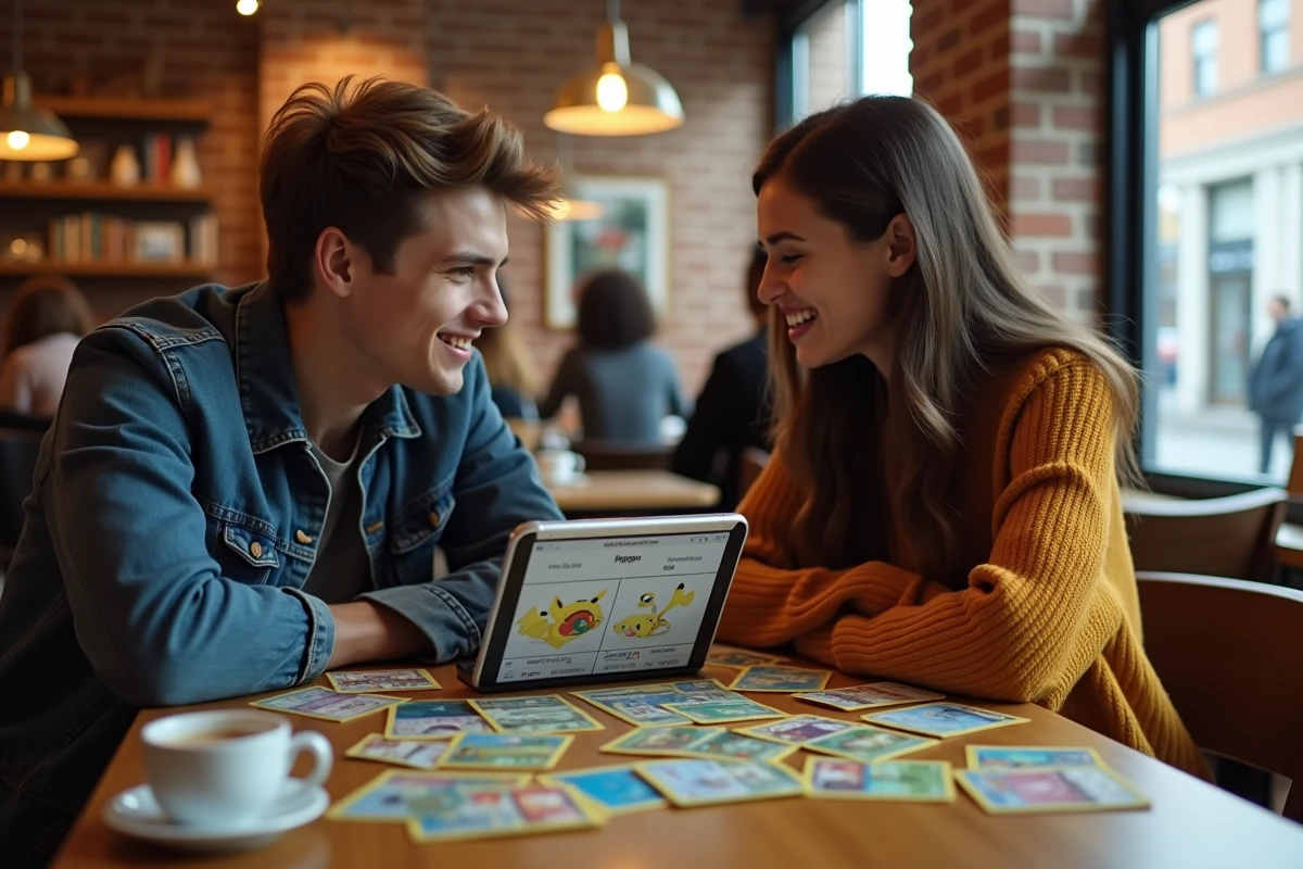 Deux amis consultant des cartes Pokémon TCG Pocket et un code cadeau sur une tablette dans un café