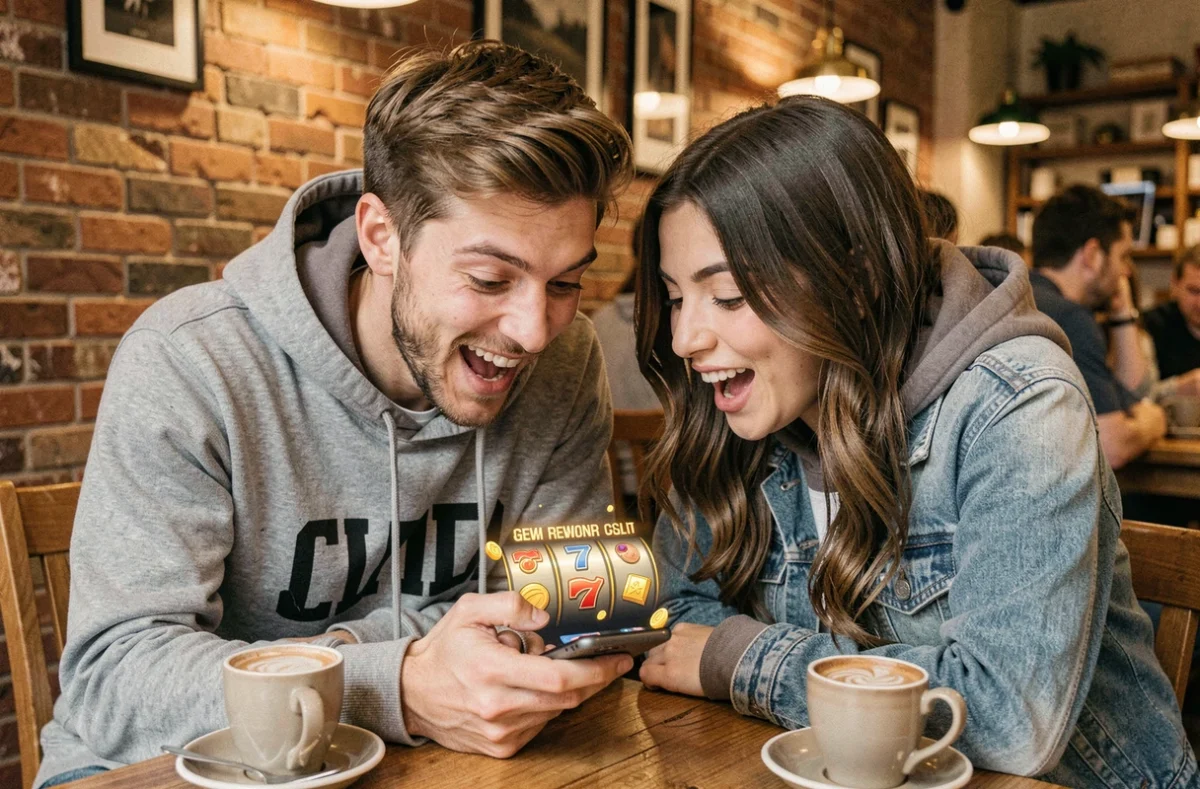 Deux amis regardant ensemble des récompenses Coin Master sur smartphone dans un café