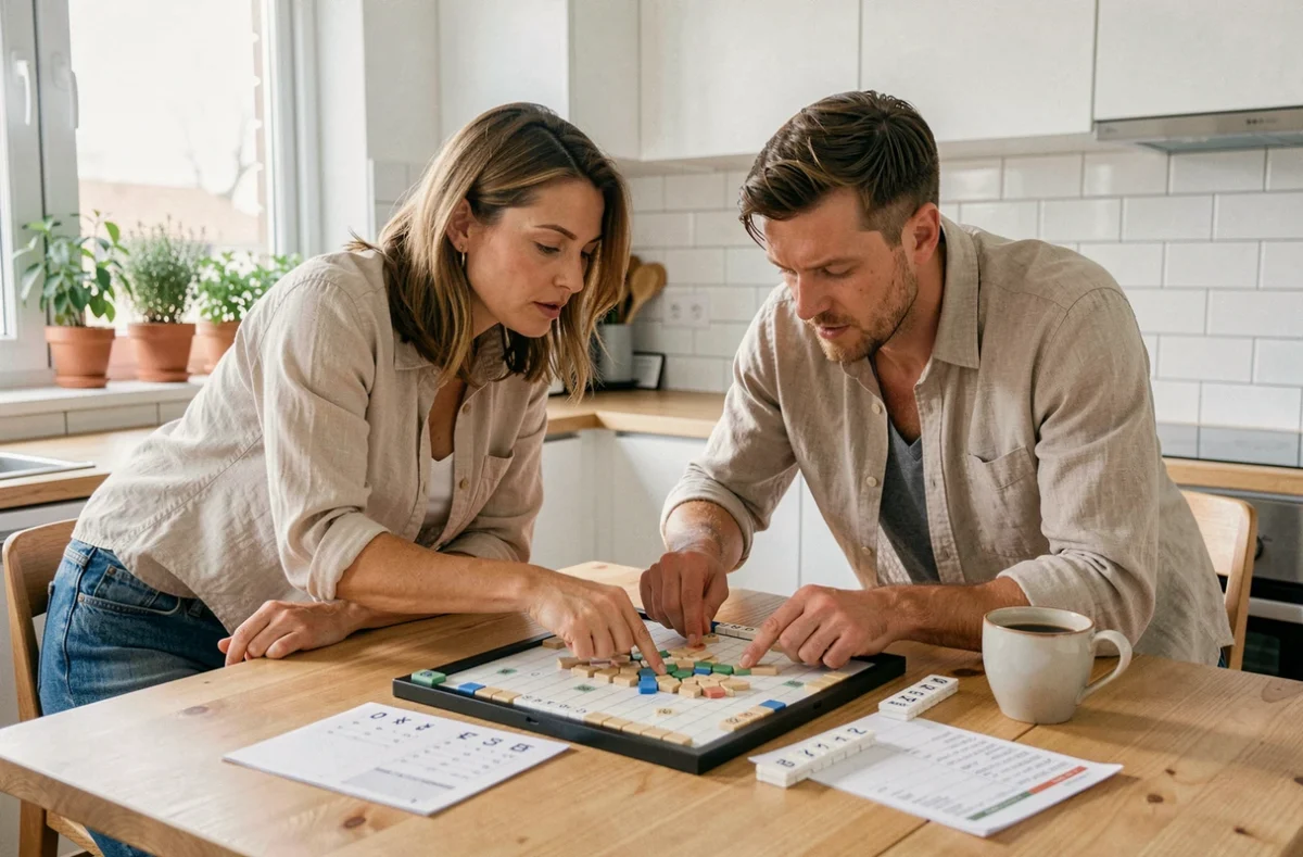 Deux amis jouant au Scrabble ensemble autour d'une table de cuisine, stratégie avec des mots courts