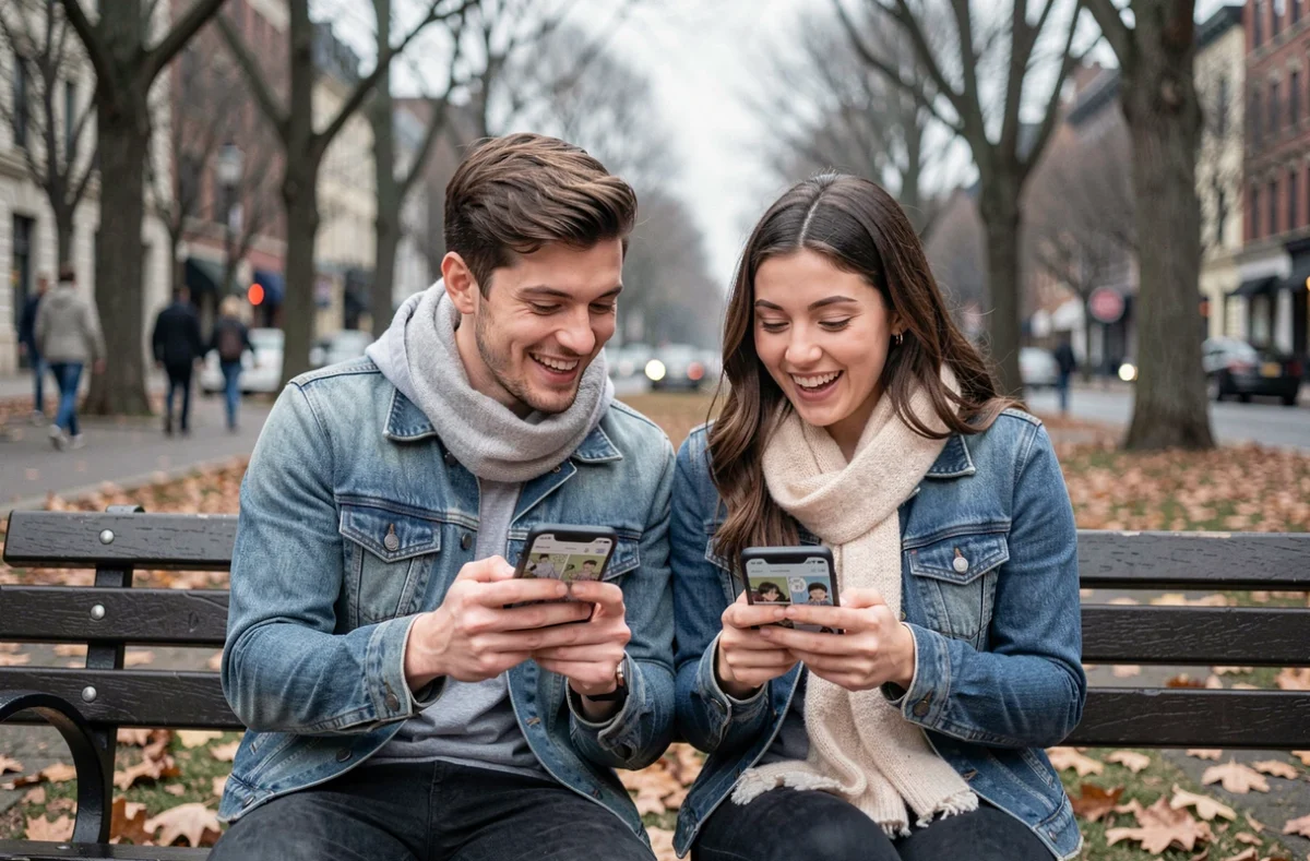 Deux amis lisant des mangas sur smartphone dans un parc urbain en automne via une application légale