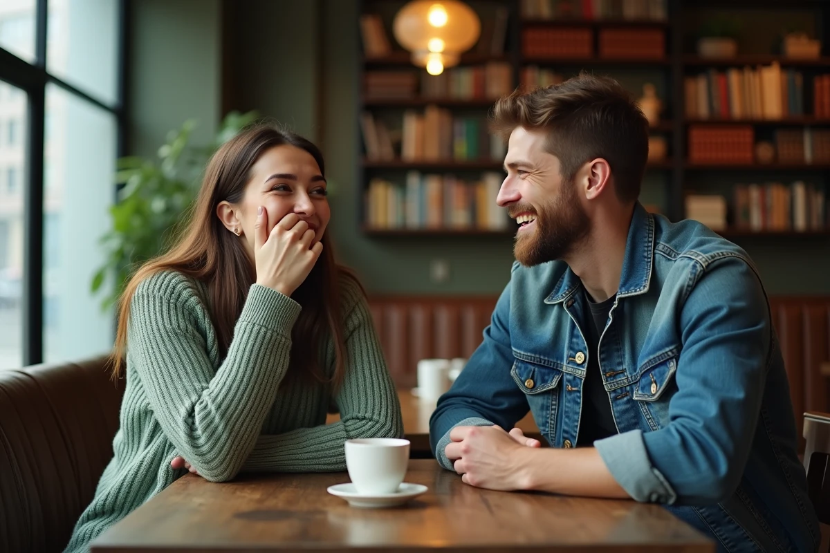 Deux amis riant ensemble dans un café, représentant une discussion sur les limites de l'humour noir versus humour trash