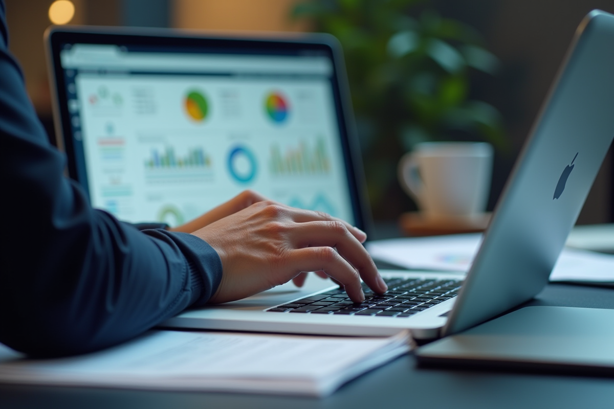 Main d’un professionnel analysant un tableau de bord ERP