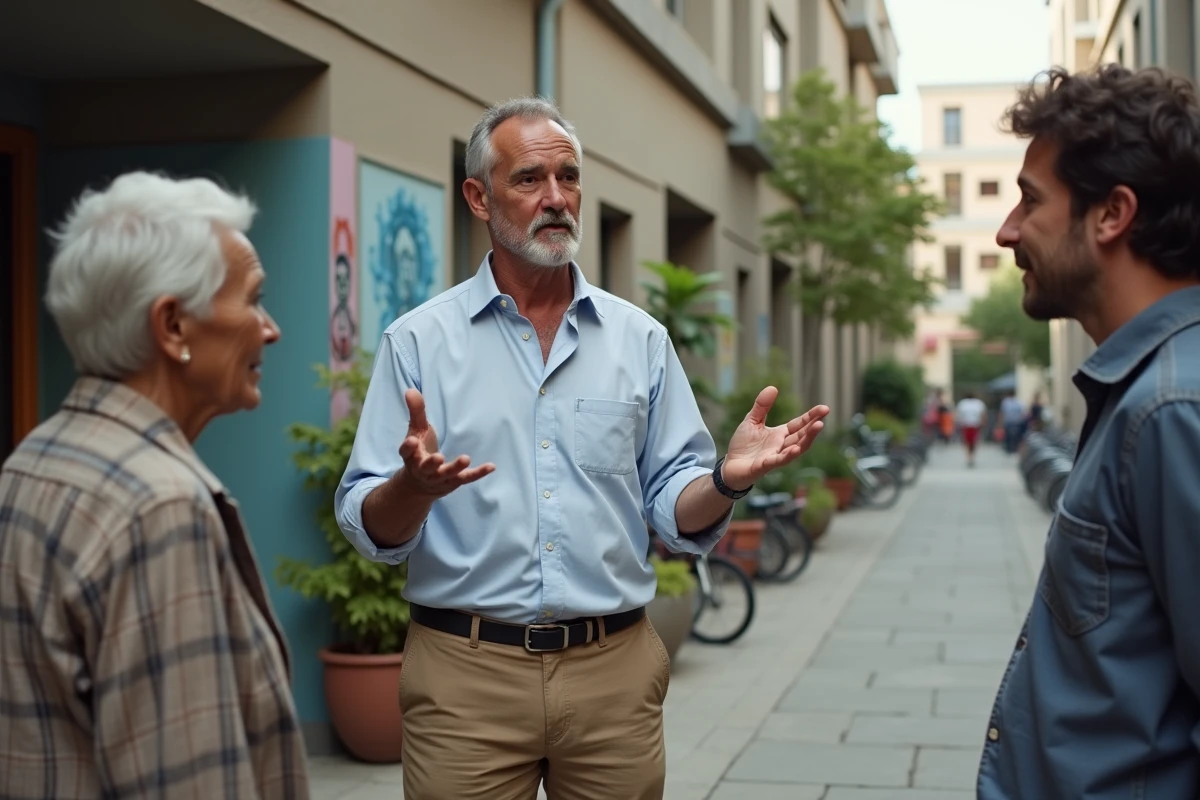 Animateur social en discussion avec des résidents dans la cour d'un quartier social, mettant en avant les compétences de médiation et de proximité