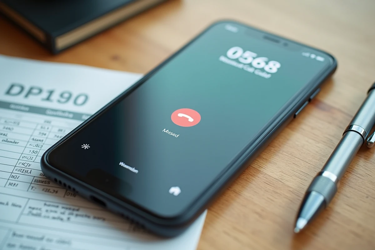 Appel manqué d'un numéro 0568 affiché sur smartphone avec facture téléphonique et notes manuscrites