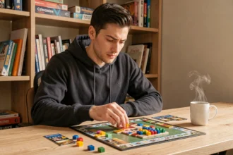 Jeune homme concentré apprenant les règles d'un jeu de stratégie par tuiles pour progresser rapidement