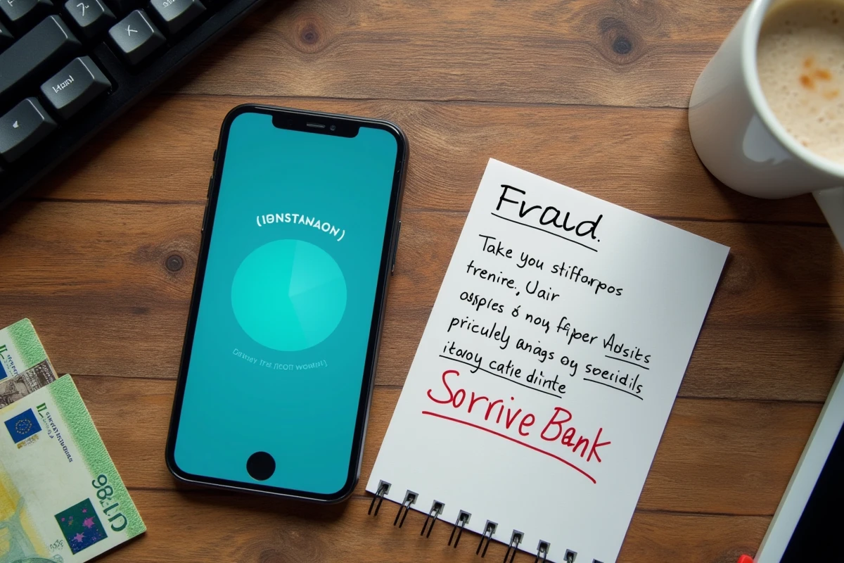 Vue aérienne des éléments typiques d'une arnaque au paiement sur Le Bon Coin : smartphone, billets en euros et faux justificatif de virement