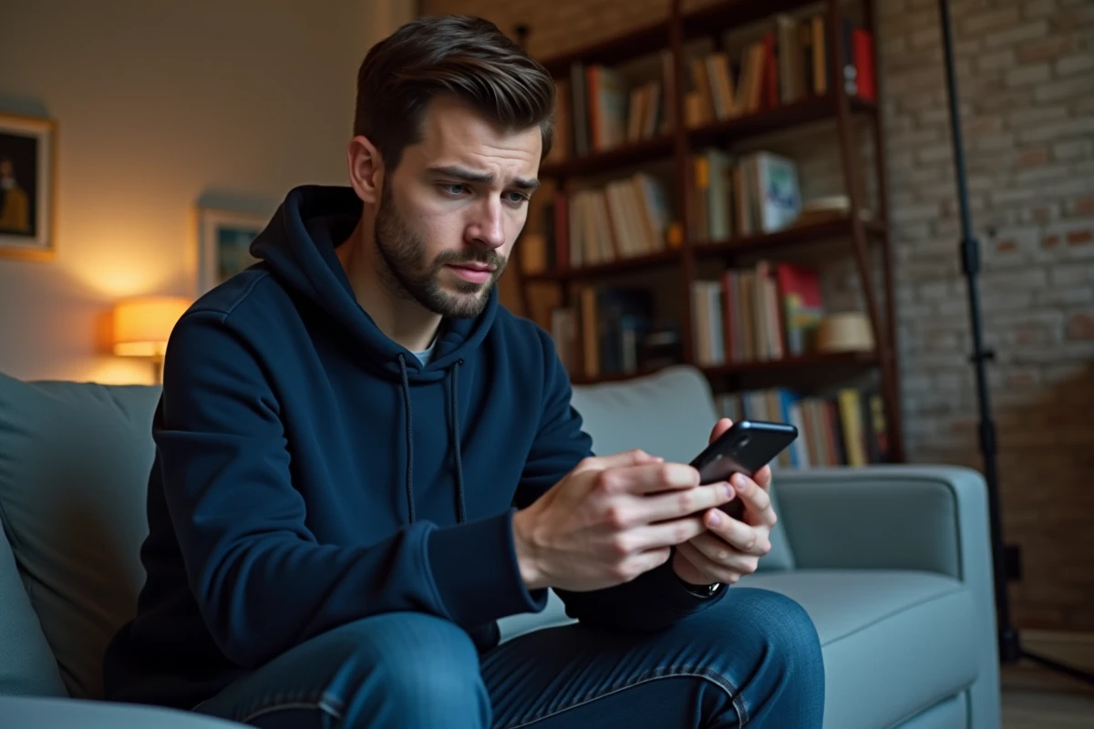 Jeune homme méfiant examinant un message suspect lié à une arnaque au paiement sur Le Bon Coin depuis son smartphone