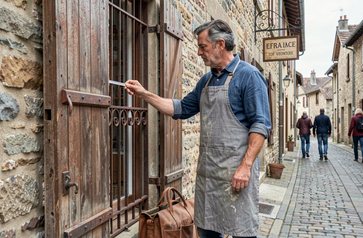 Artisan de L'Atelier du Store et de la Serrurerie mesurant un store métallique sur une façade de village bourguignon