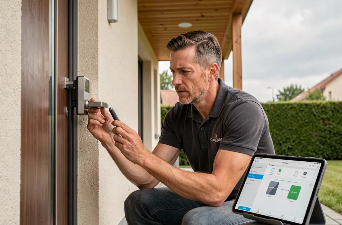 Technicien d'Auxerre Domotique installant une serrure connectée sur une porte d'entrée d'une maison moderne