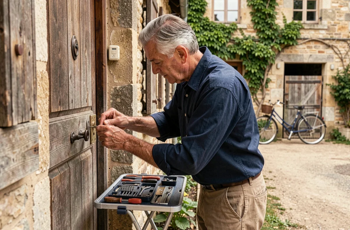 Beaumont Claude, serrurier expérimenté, reconfiguration d'une serrure ancienne sur une ferme en pierre de Bourgogne