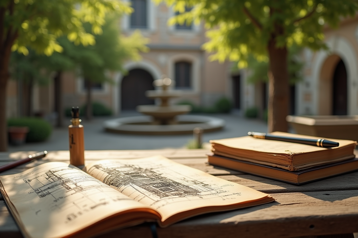 Plans anciens et carnet de croquis d un moteur à eau sur table extérieure
