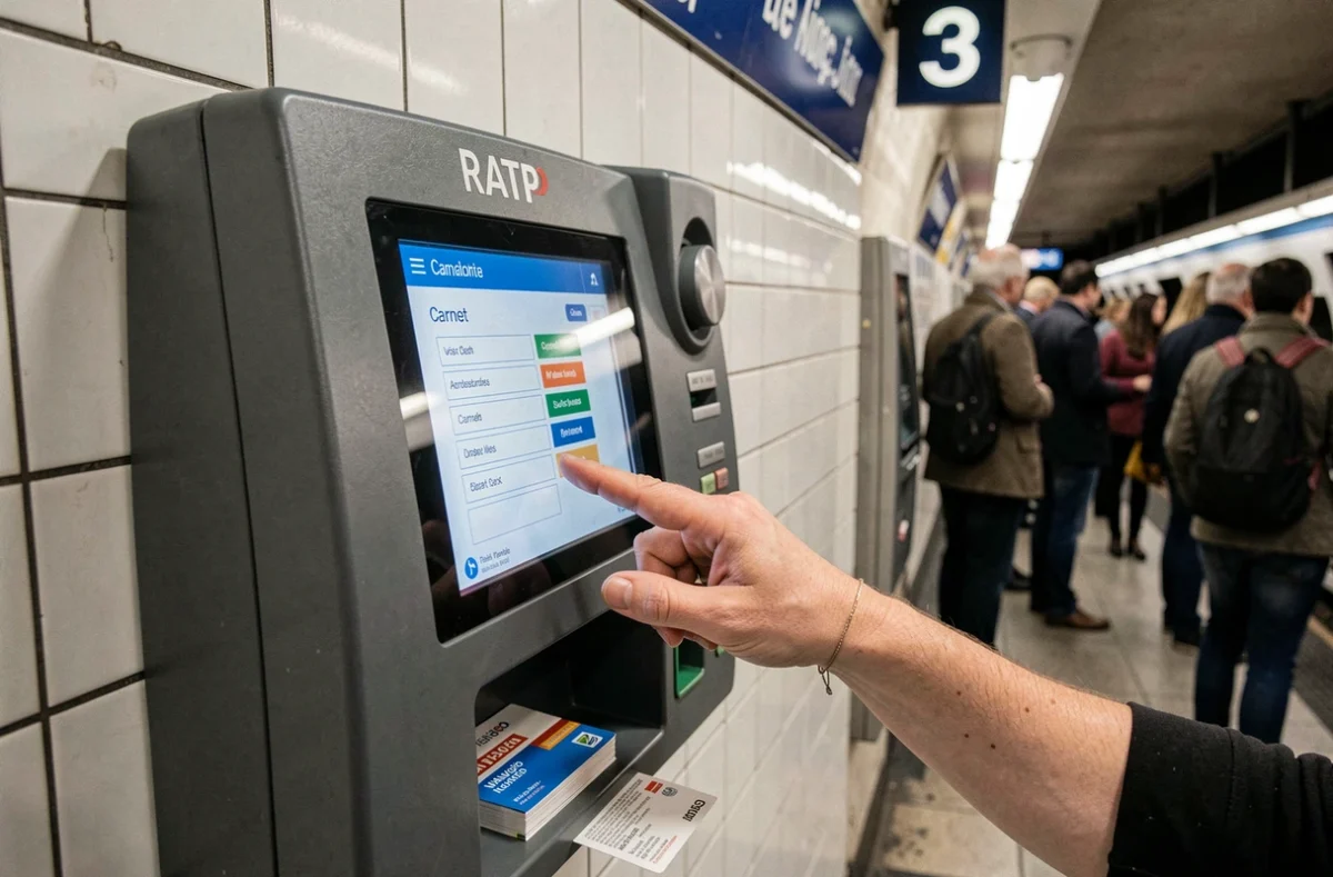 Borne de vente de tickets RATP en station métro ligne 3 avec options Navigo et forfaits affichés