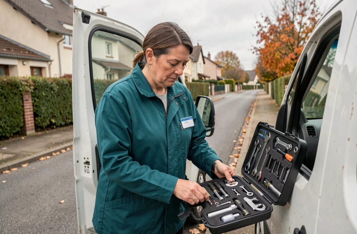 Brienon Marine, serrurier femme, organisant ses outils à l'arrière de son véhicule professionnel dans l'Yonne