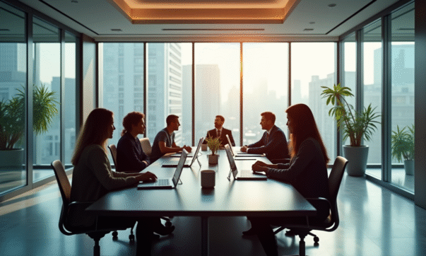 Bureau moderne avec collaborateurs autour d'une table