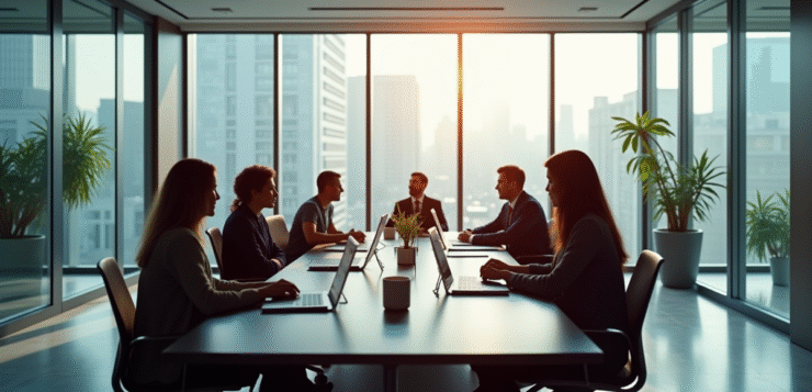 Bureau moderne avec collaborateurs autour d'une table