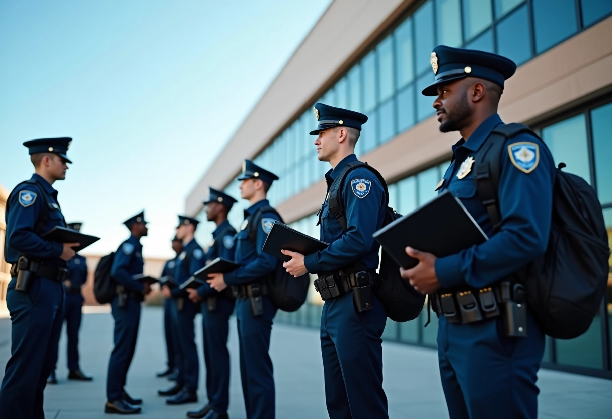 Candidats divers en ligne devant un bâtiment moderne pour la police