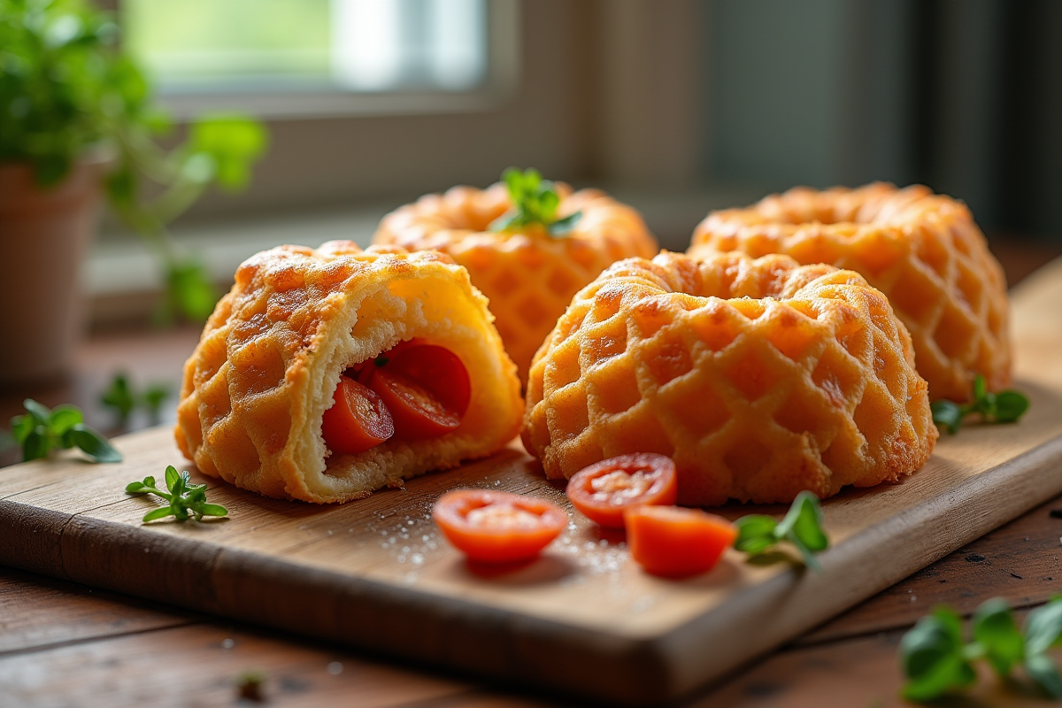 Cannelé croustillant au chorizo coupé pour révéler la garniture