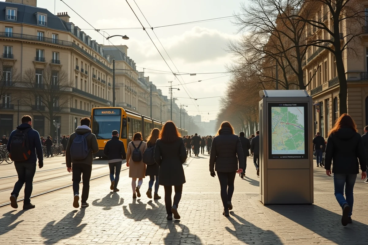 Vue large d'un carrefour de tramway à Bordeaux avec des voyageurs et un plan du réseau en heure de pointe