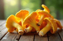 Champignons chanterelle jaunes frais sur table en bois
