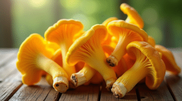 Champignons chanterelle jaunes frais sur table en bois