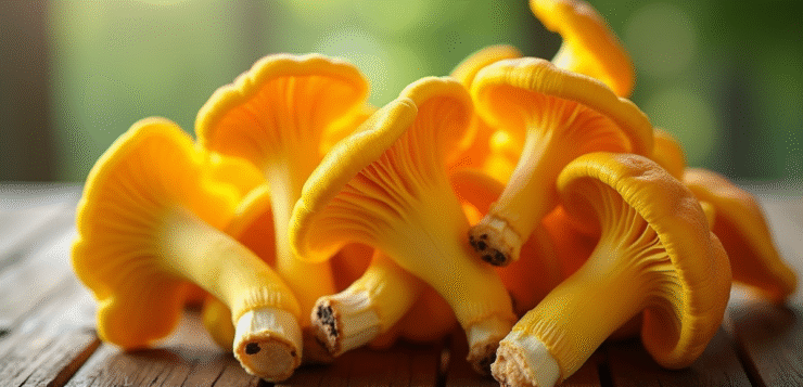 Champignons chanterelle jaunes frais sur table en bois