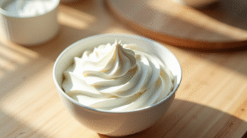 Crème chantilly maison fraîche dans un bol en verre sur plan de travail en bois
