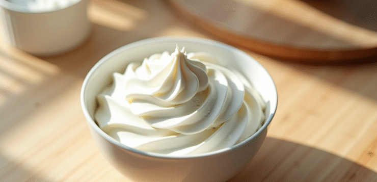 Crème chantilly maison fraîche dans un bol en verre sur plan de travail en bois