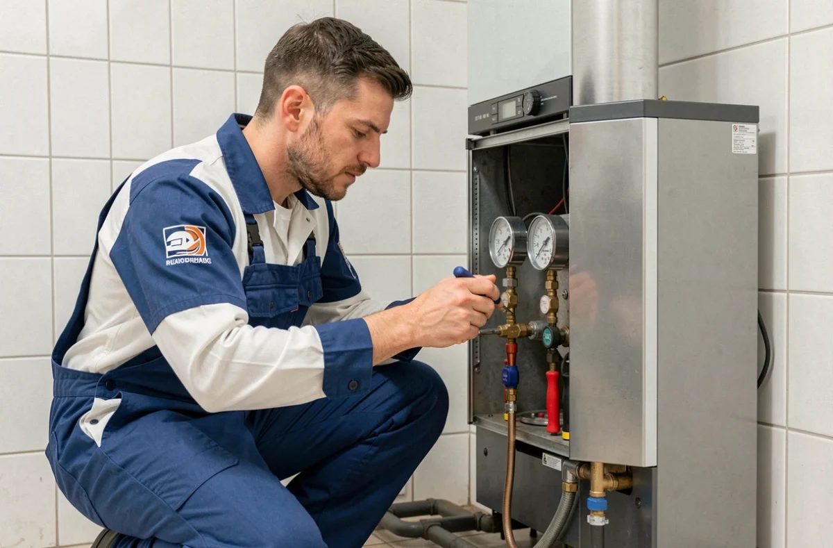 Chauffagiste versaillais inspectant une chaudière moderne dans une salle technique