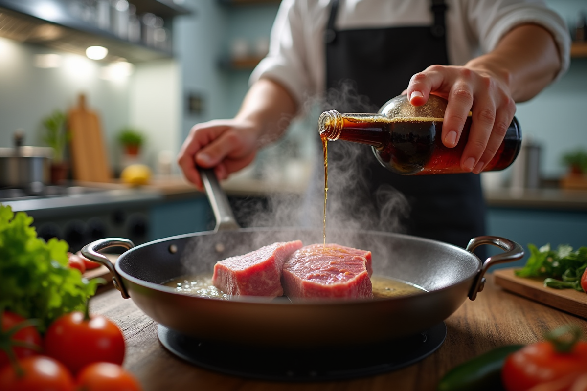 Chef préparant la joue de porc avec bière dans une cuisine lumineuse