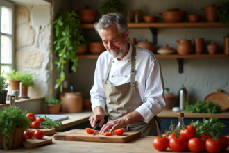 Chef français coupe des tomates mûres dans une cuisine rustique