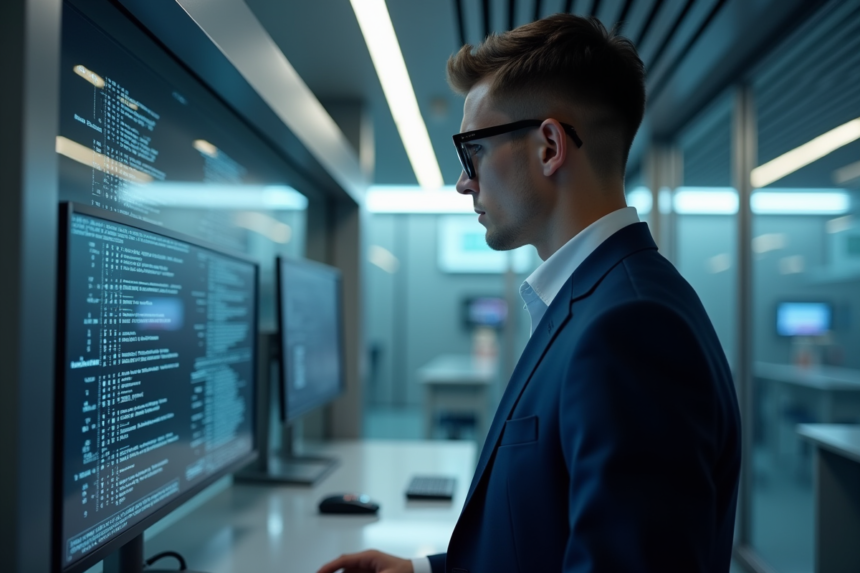 Jeune chercheur en costume surveillant un ordinateur quantique