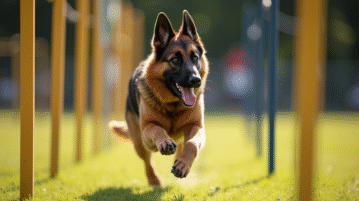 Chien belge d'agilité sautant entre les piquets en plein air